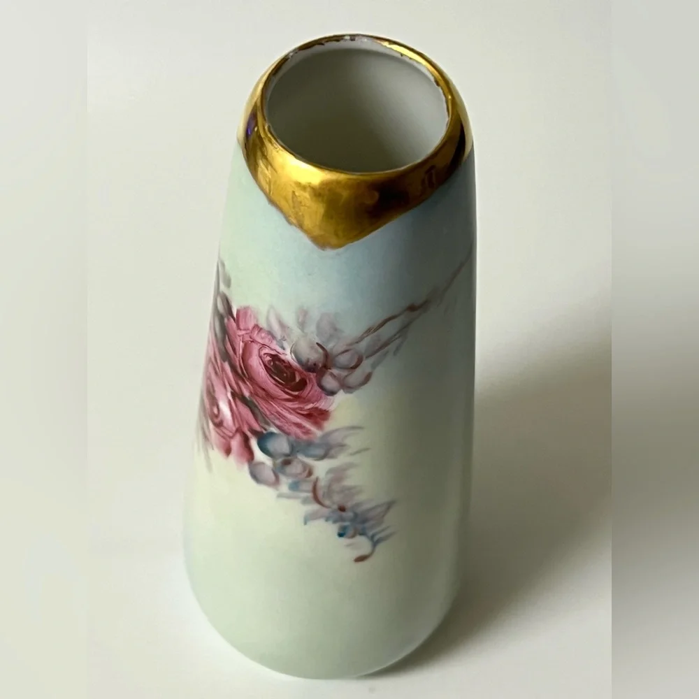 O & E.G. Royal Austria Small Hand Painted Pink Roses Gold Trim Flower Bud Vase